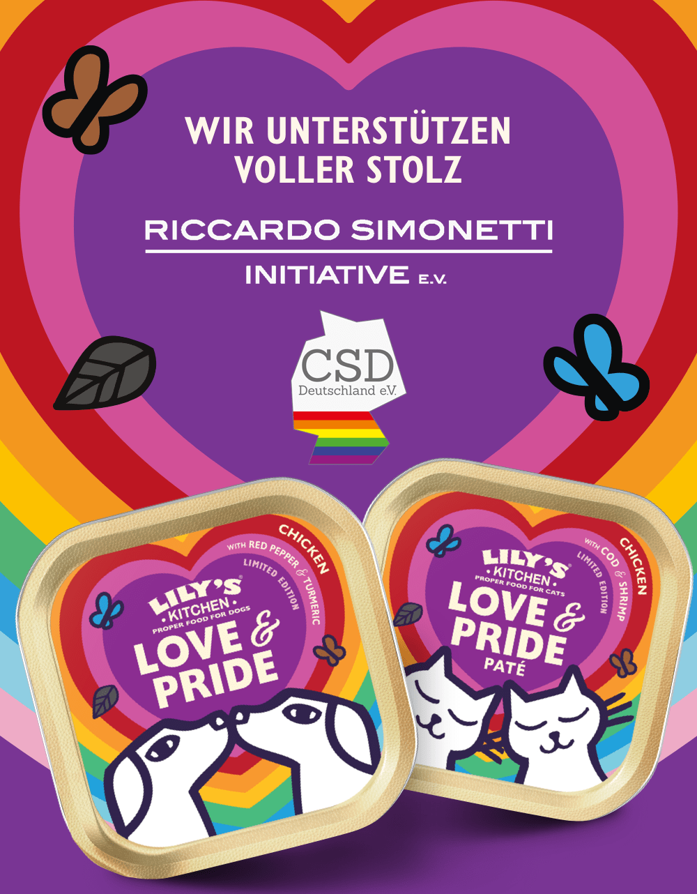 Lily's Kitchen pet food packaging with rainbow design and text supporting Riccardo Simonetti Initiative on a purple heart background.