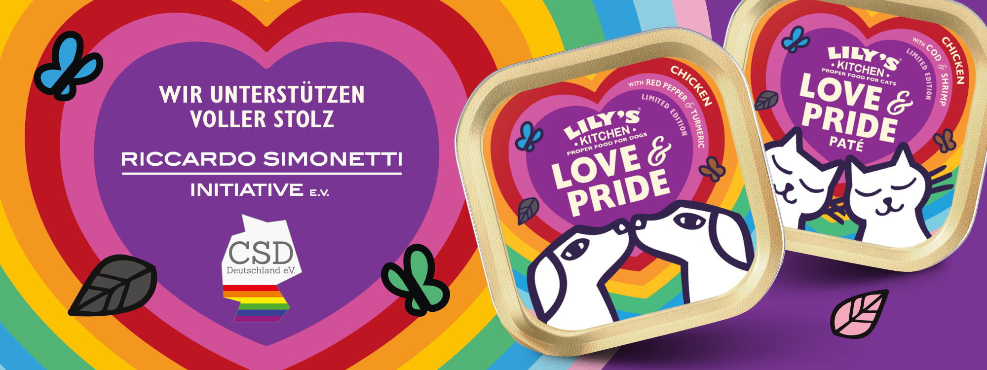 Lily's Kitchen pet food packaging with 'Love & Pride' theme on a colorful background