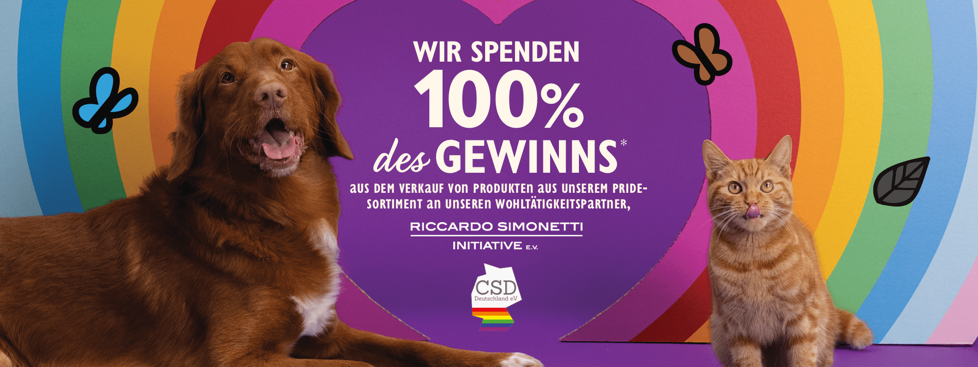 Two animals, a dog and a cat, sitting in front of a colorful background with text about donating 100% of winnings.