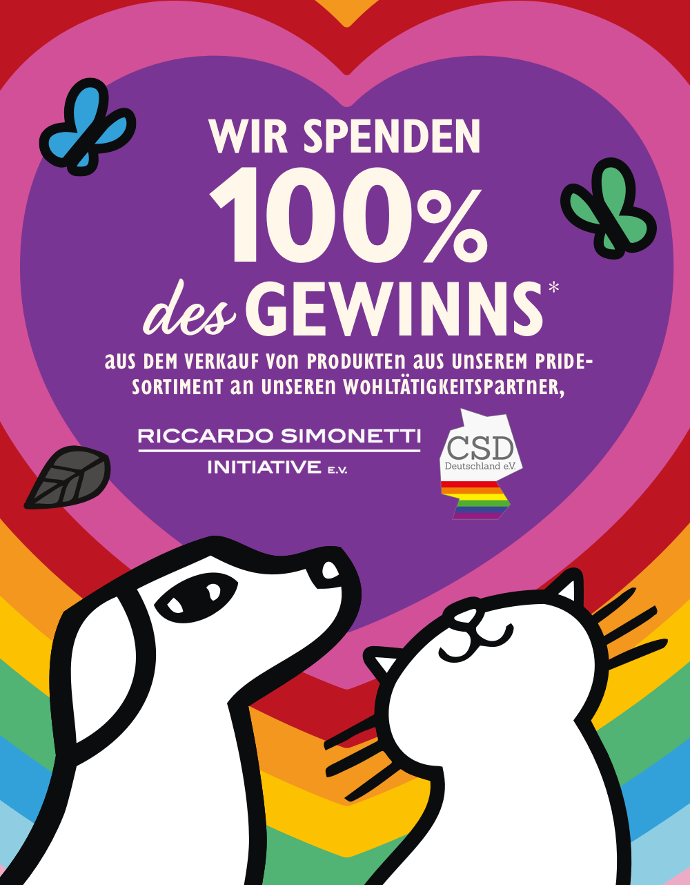 Illustration of a dog and a cat on a colorful background with text about donating 100% of winnings.