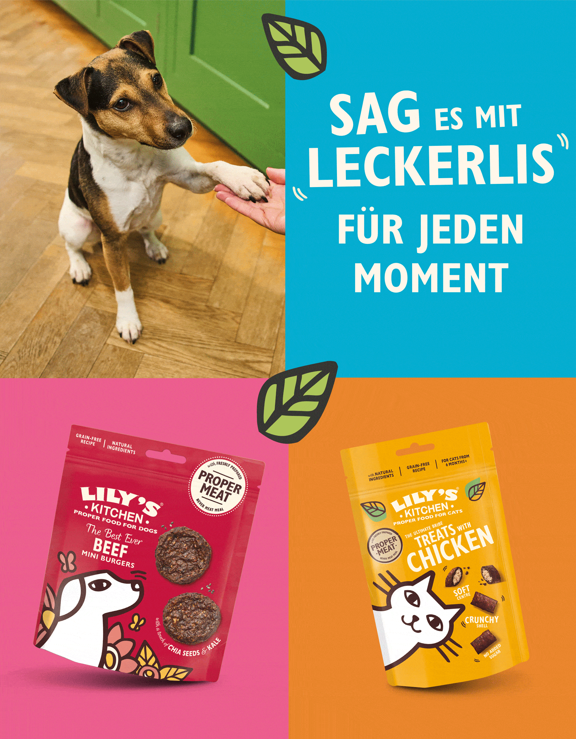 Lily's Kitchen treats banner with tagline 'sag es mit leckerlis fur jeden moment'