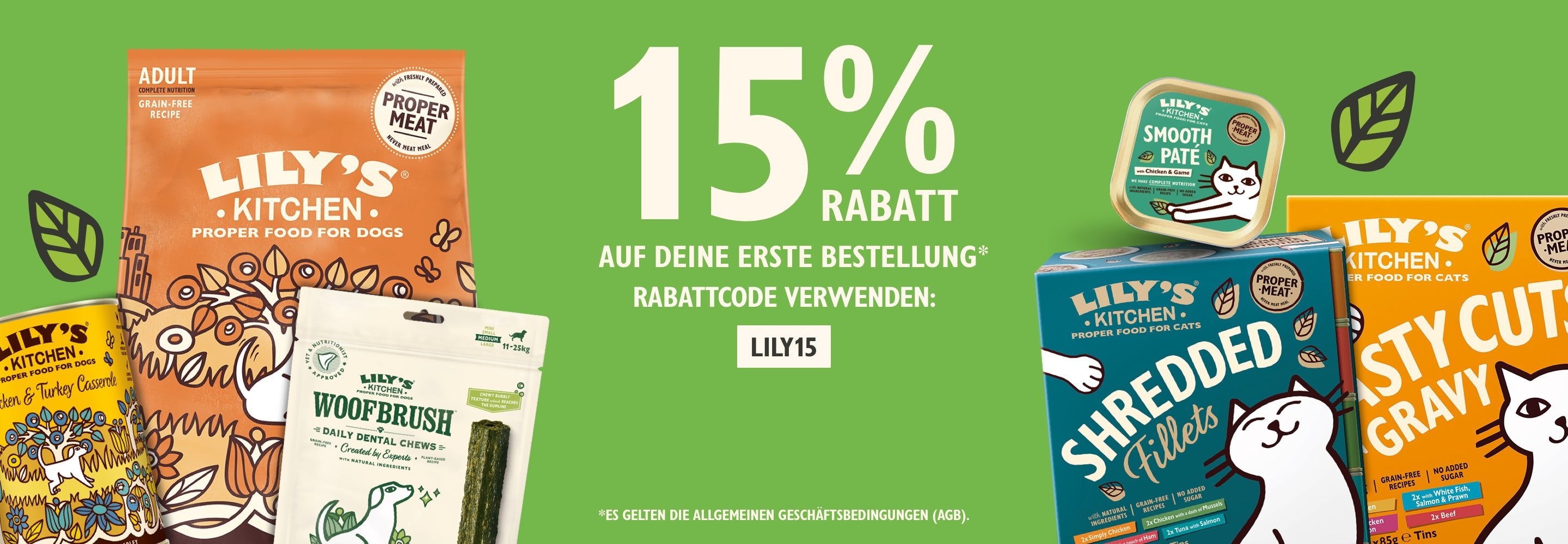 Lily's Kitchen dog and cat product assortment with a 15% promotional offer on a green background