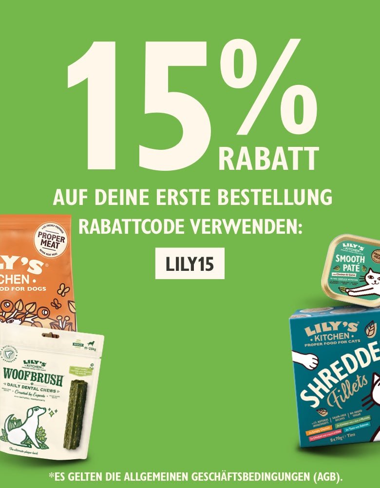 Lily's Kitchen dog and cat product assortment with a 15% promotional offer on a green background
