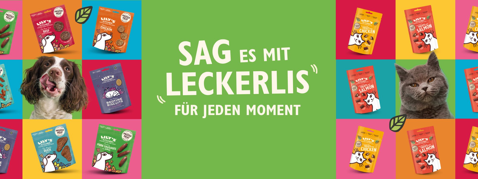 Lily's Kitchen treats banner with tagline 'sag es mit leckerlis fur jeden moment'