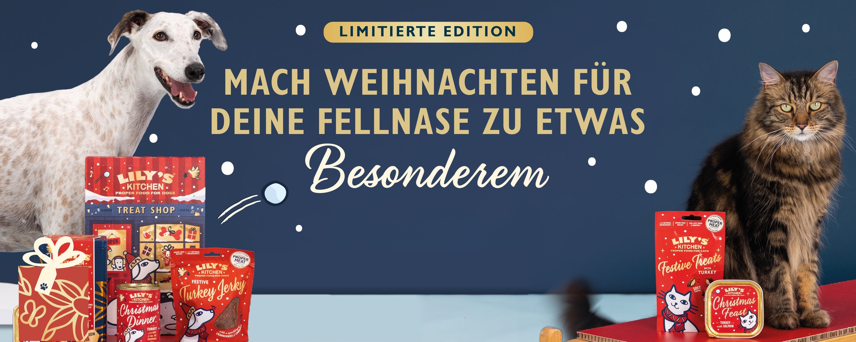 Promotional banner for limited edition Christmas treats with packaging and a cat illustration.