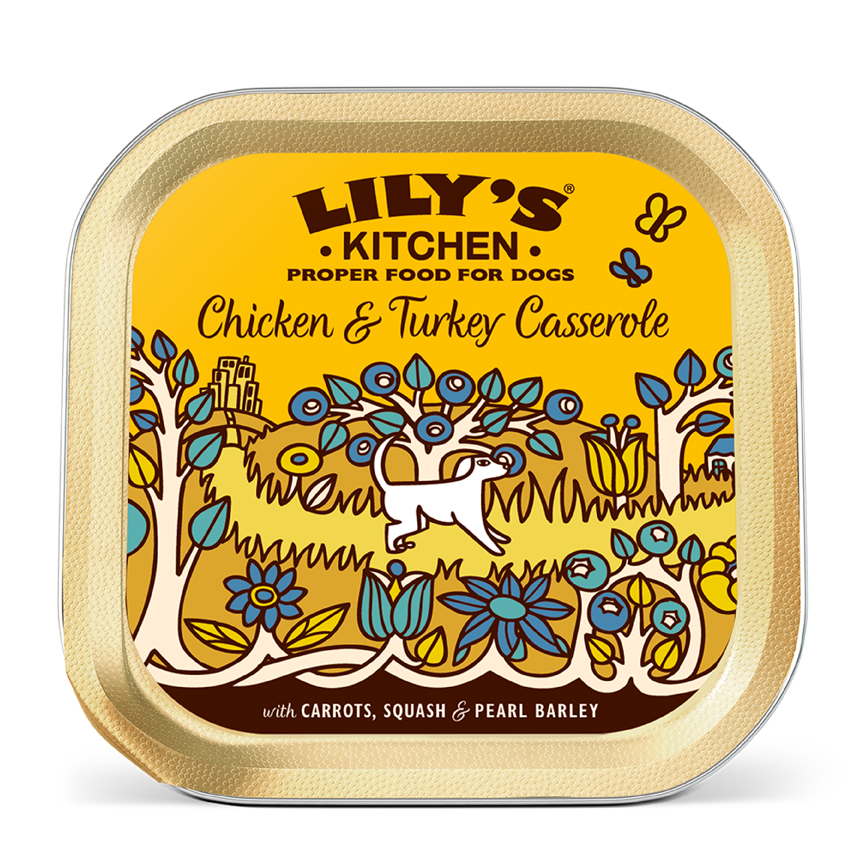 Square container of Lily's Kitchen Chicken & Turkey Casserole dog food with yellow lid and colorful illustrated design.
