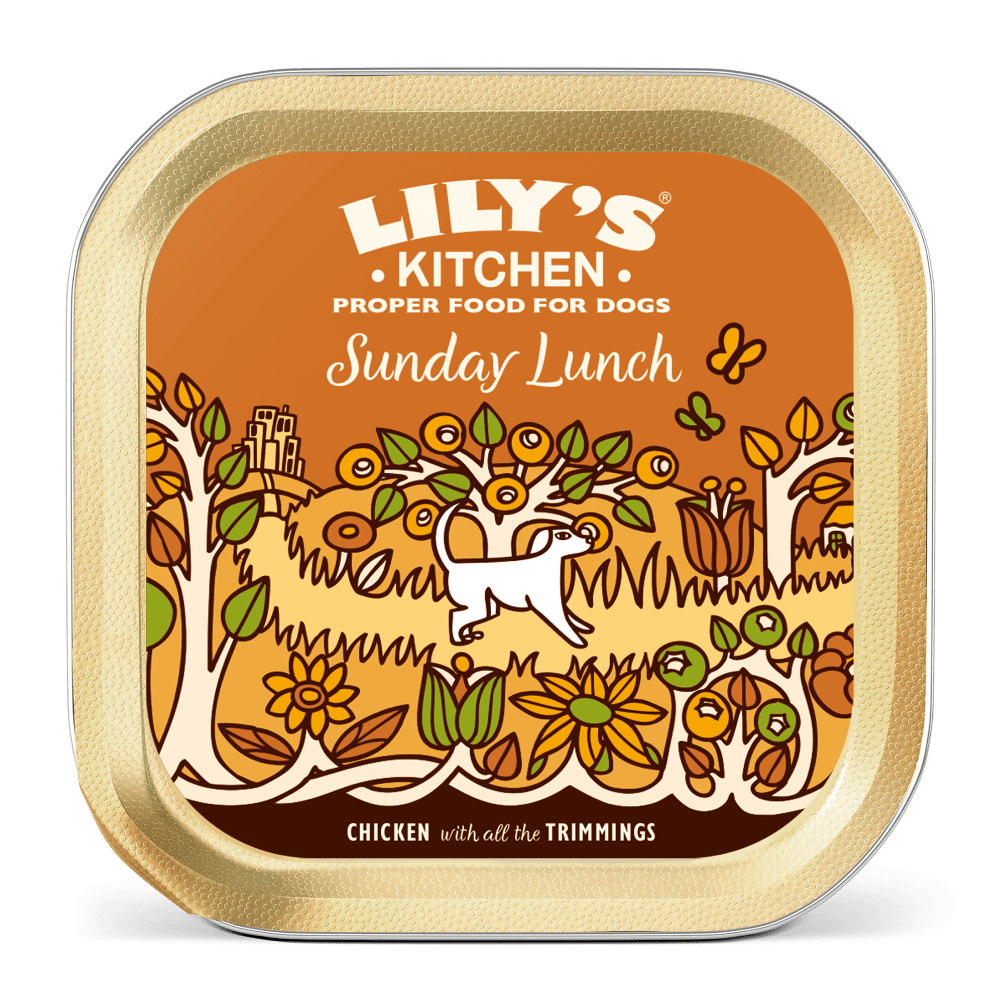 A packaged dog food product labeled 'Sunday Lunch' from Lily's Kitchen with an illustration of a dog, chicken, and vegetables on the front.