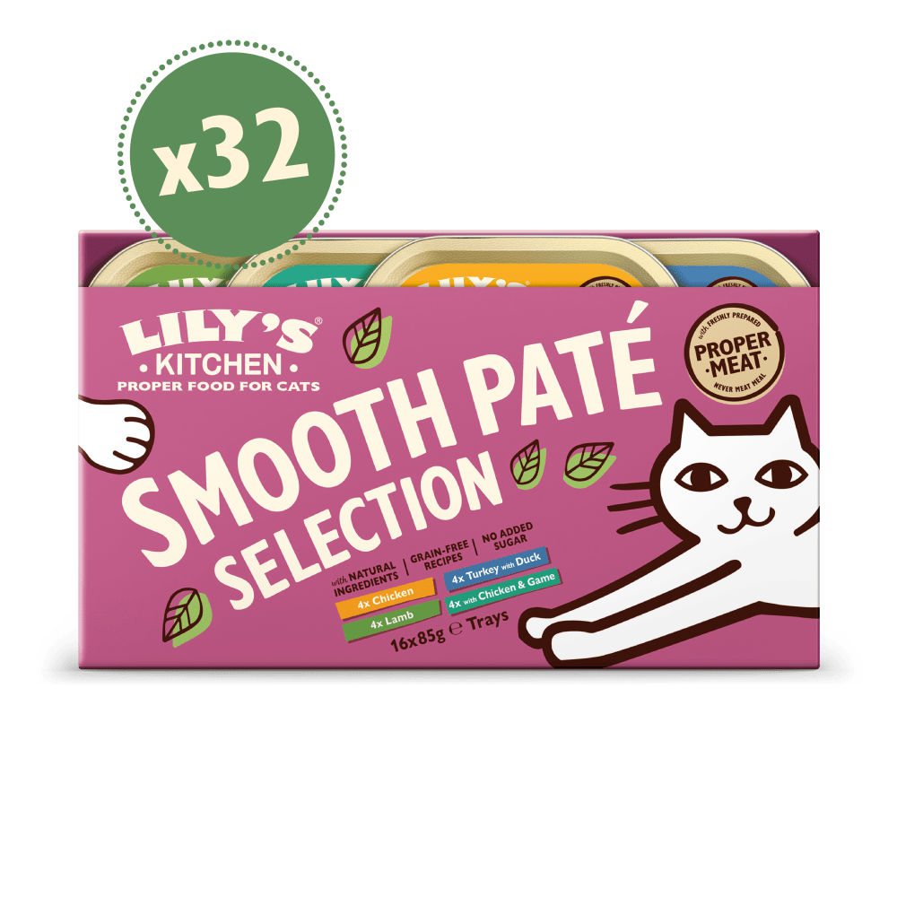 A box of Lily's Kitchen smooth pâté selection cat food featuring various flavors, marked with 'x32' indicating 32 individual pouches.