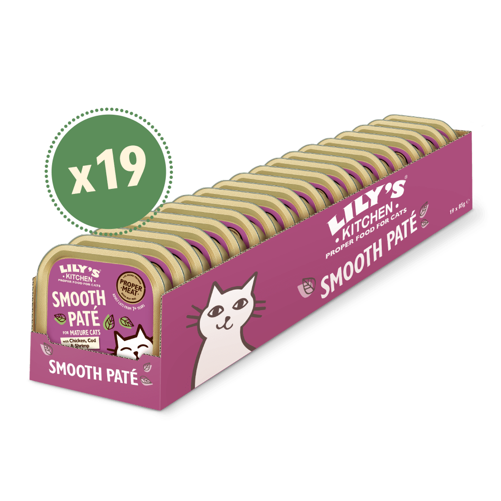 Packaging for Lily's Kitchen Smooth Paté for mature cats, showing 19 individual trays of cat food, with a purple label and a cartoon image of a cat on the front.