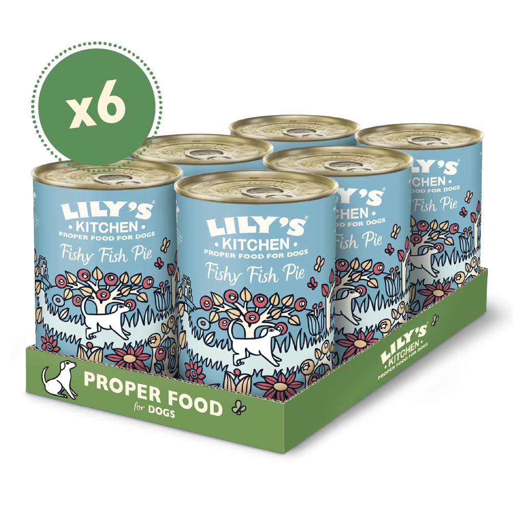 A pack of six Lily's Kitchen Proper Food for Dogs in a fish paté flavor, featuring images of turkey, salmon, and potatoes on the cans.