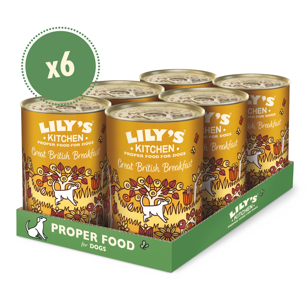 Six-pack of Lily's Kitchen Great British Breakfast dog food cans in yellow and brown packaging with breakfast-themed.