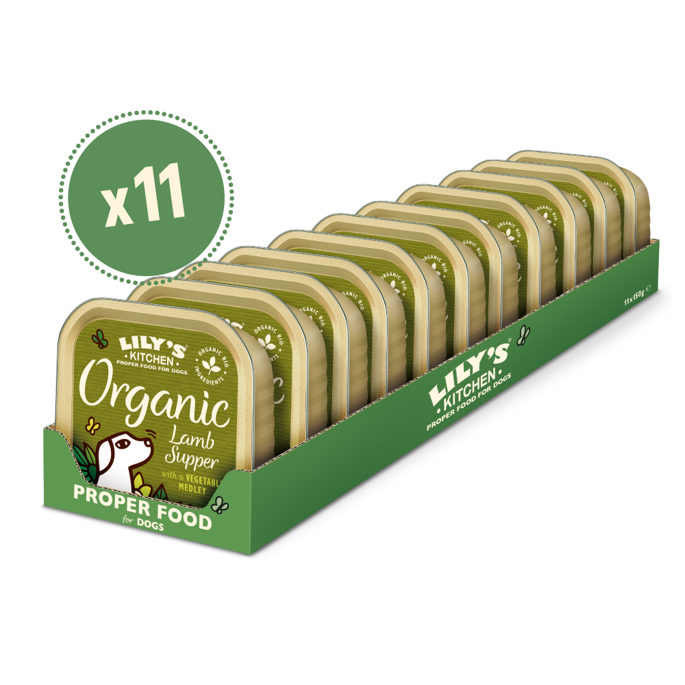 11 trays of Lamb Supper with a Vegetable Medley for dogs, with a green x11 roundel and a green cardboard box