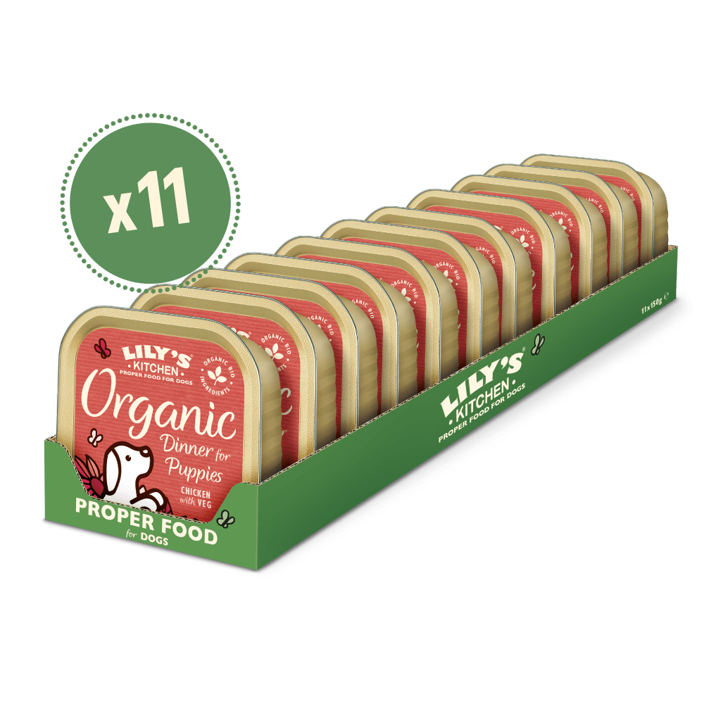 Packaging for Lily's Kitchen Organic Dinner for puppies, showing 11 individual trays of puppy food, with a green x11 label and a cartoon image of a dog on the front.