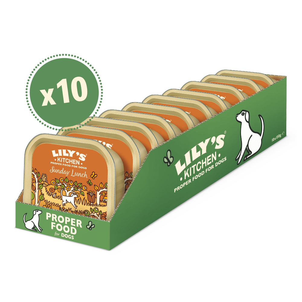 Packaging for Lily's Kitchen Sunday Roast dog food, featuring ten individual pouches of dog food.