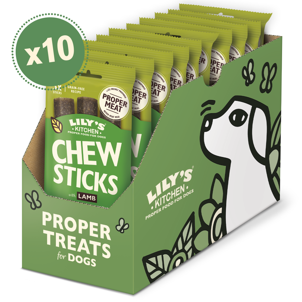 Box of Lily's Kitchen Chew Sticks for dogs with 10 packs inside, featuring a green and white design.