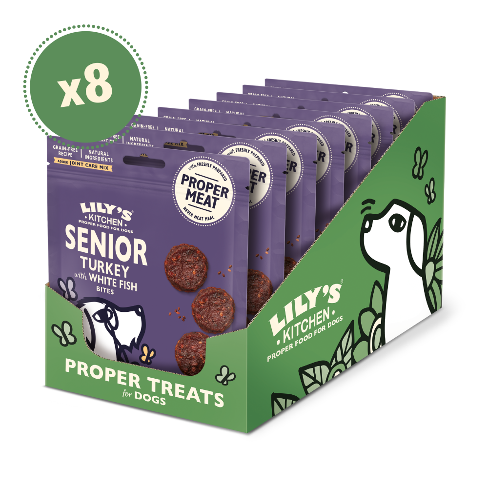 A box containing eight packages of Lily's Kitchen senior dog treats with turkey and white fish.