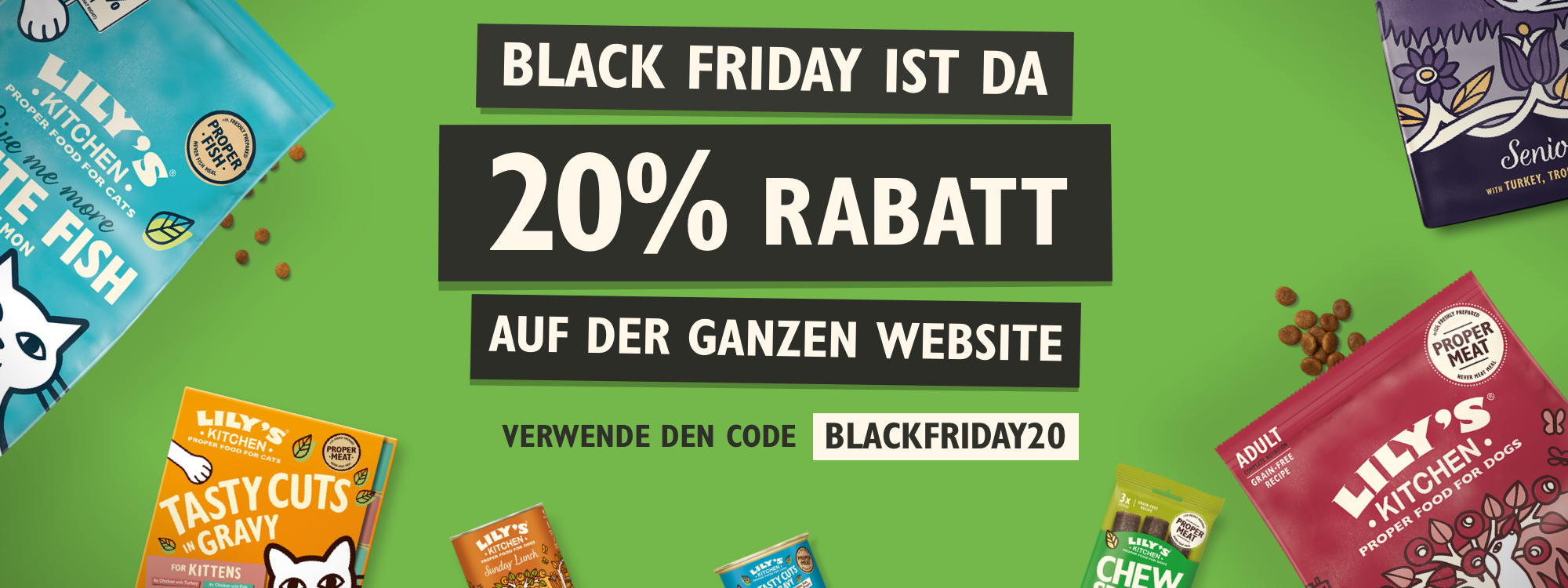 Promotional banner for Black Friday sale with pet food products on a green background