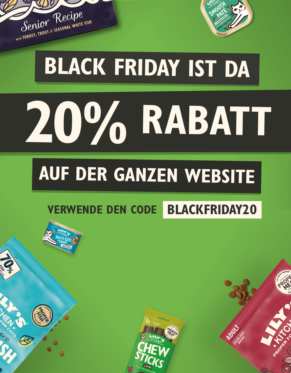 Promotional poster for a 20% discount on a website with pet food products displayed.