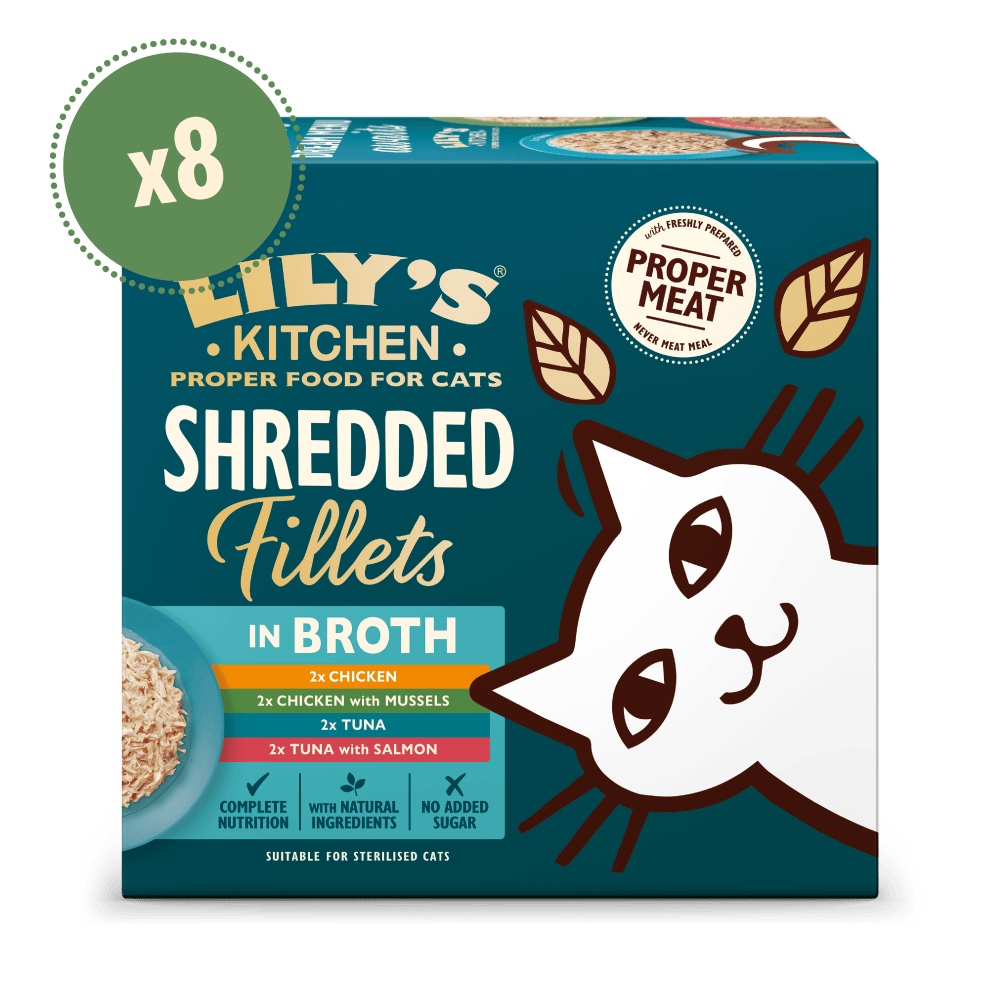 Lily's Kitchen Shredded Fillets in Broth cat food multipack box with cat illustration and product details.
