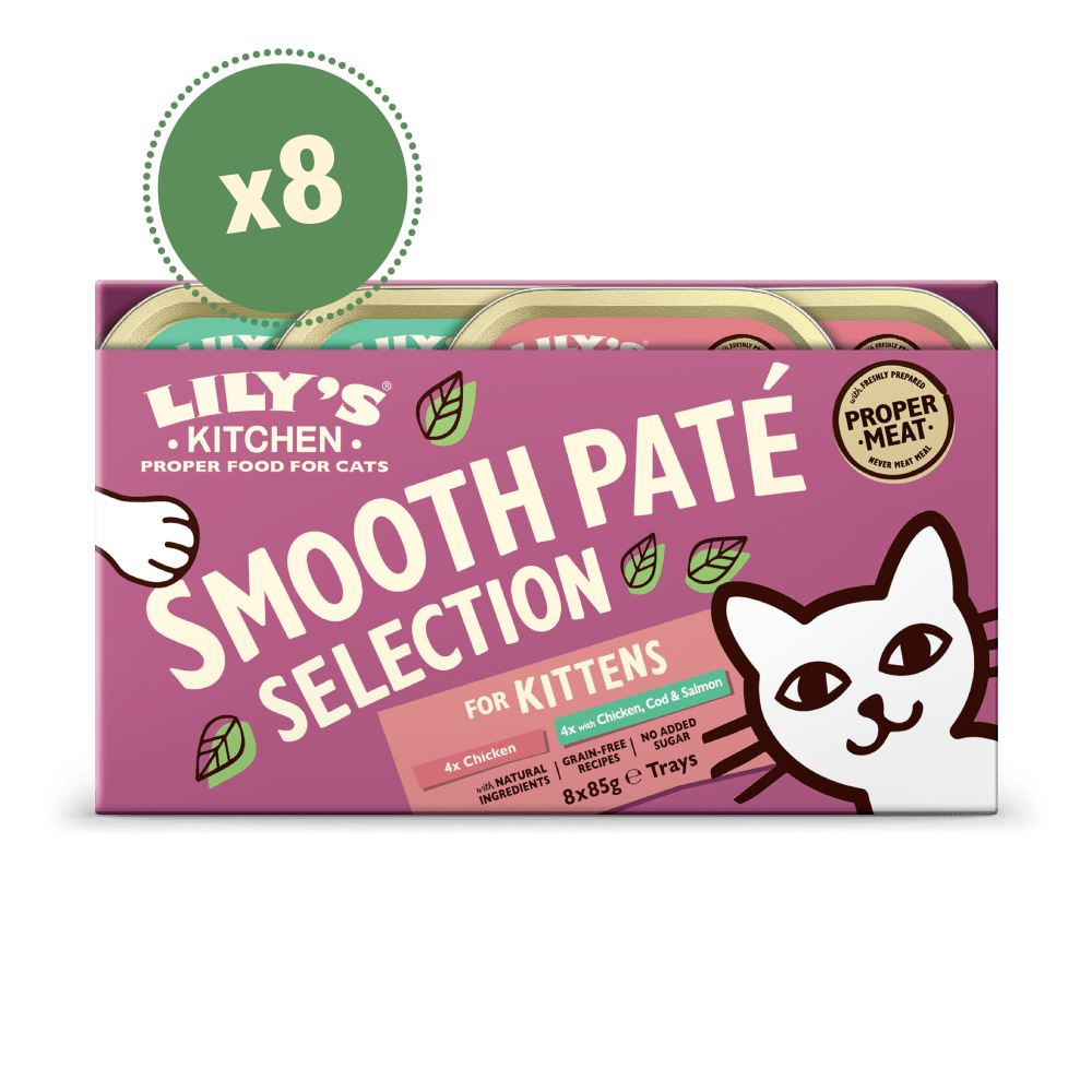 A pack of eight Lily's Kitchen smooth pâté selection cat food for kittens, with an illustration of a kitten on the packaging.