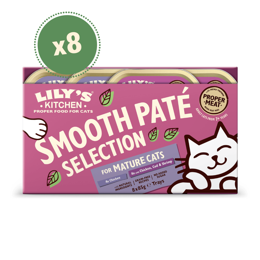 Packaging for Lily's Kitchen Smooth Selection Mature Cats Pate, showing a box with eight cat food patties inside, featuring an illustration of a cat on the front.
