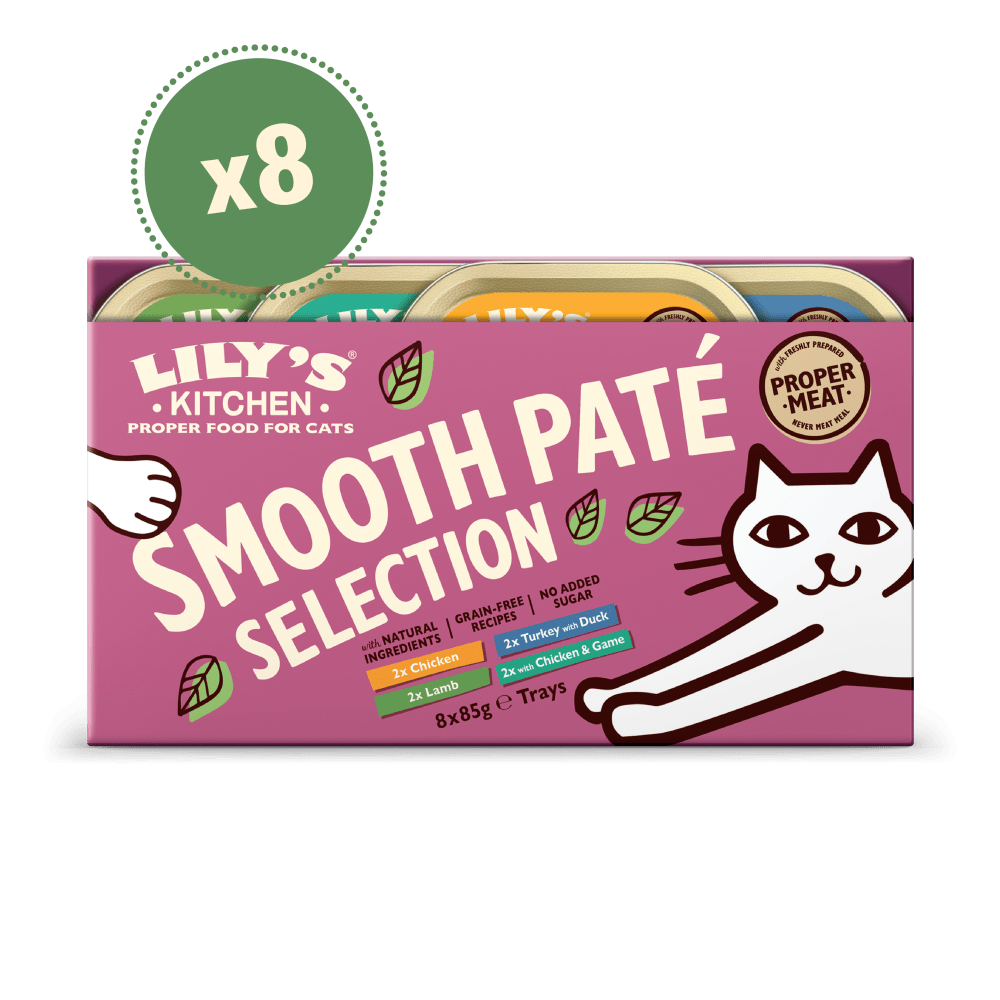 Packaging for Lily's Kitchen Smooth Paté Selection cat food featuring images of cat food varieties and a cartoon cat.