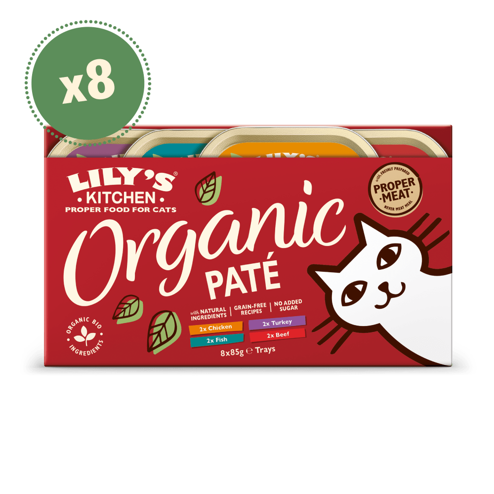 Packaging of Lily's Kitchen Organic Pâté for cats showing a multipack of eight 85g trays with four different recipes.
