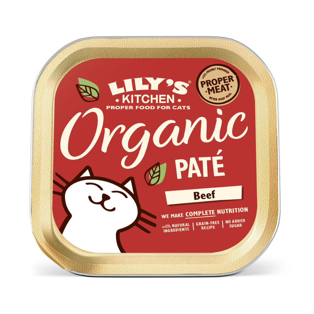 A tin container of Lily's Kitchen Organic Paté Beef flavor cat food with a illustration of a smiling cat on the label.