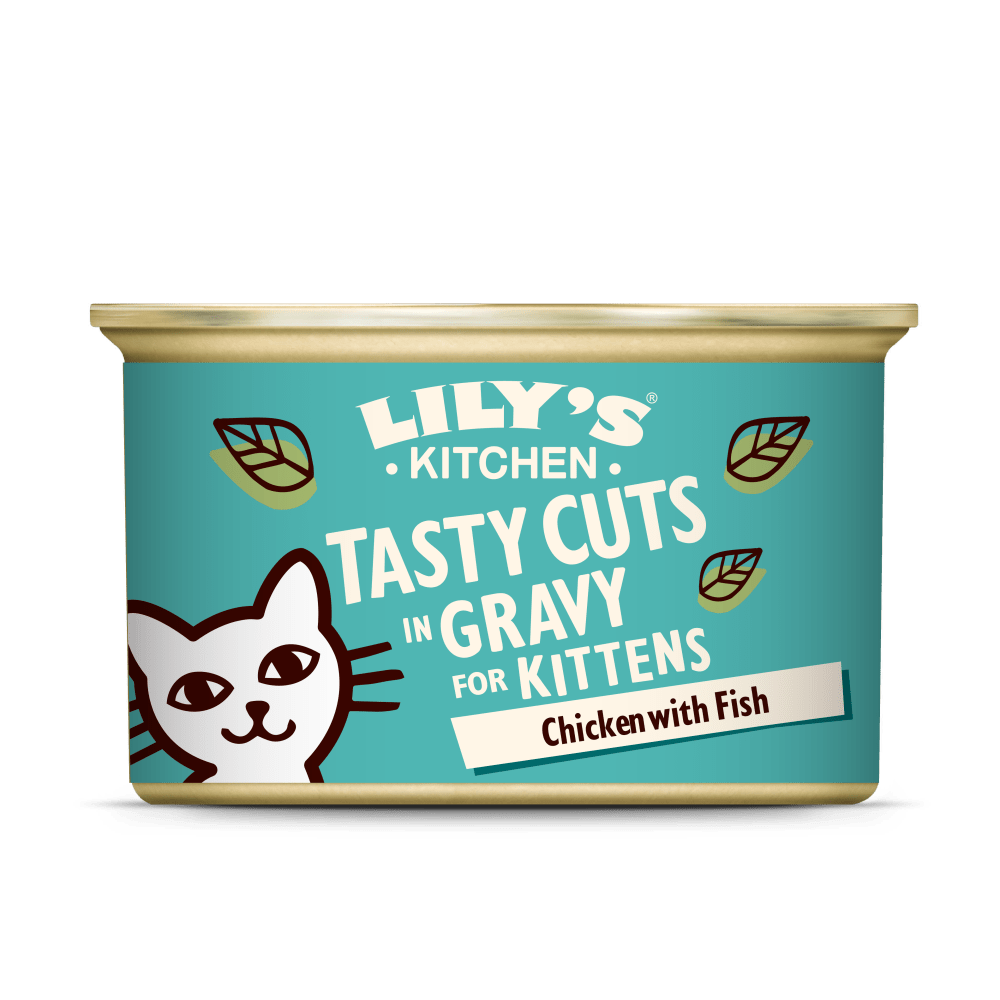 A can of Lily's Kitchen Tasty Cuts in Gravy for Kittens, featuring an image of a cat and product details.