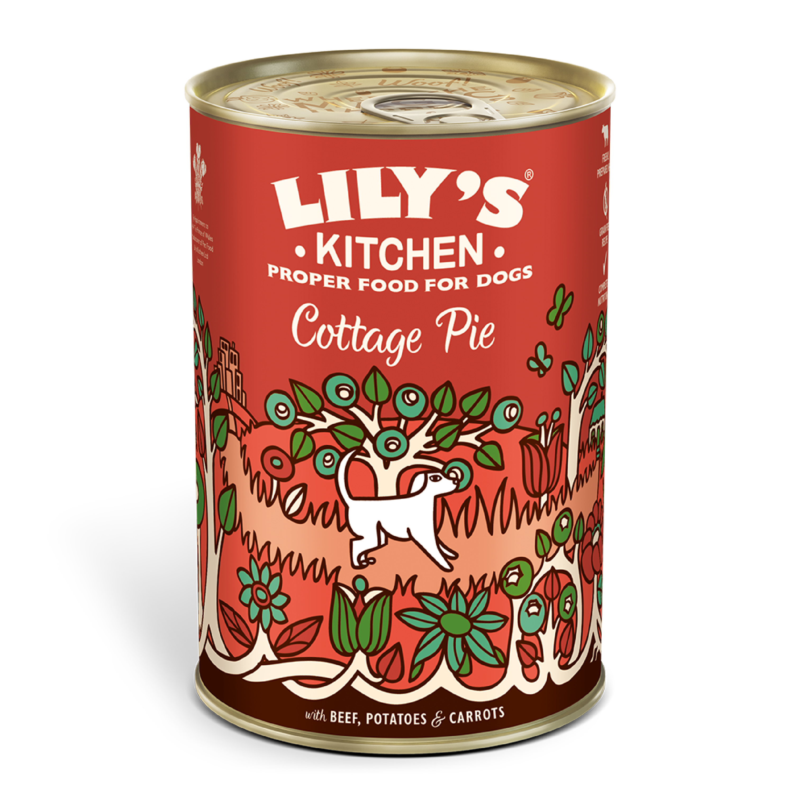 Red can of Lily’s Kitchen Cottage Pie dog food with white dog illustration and plant designs.