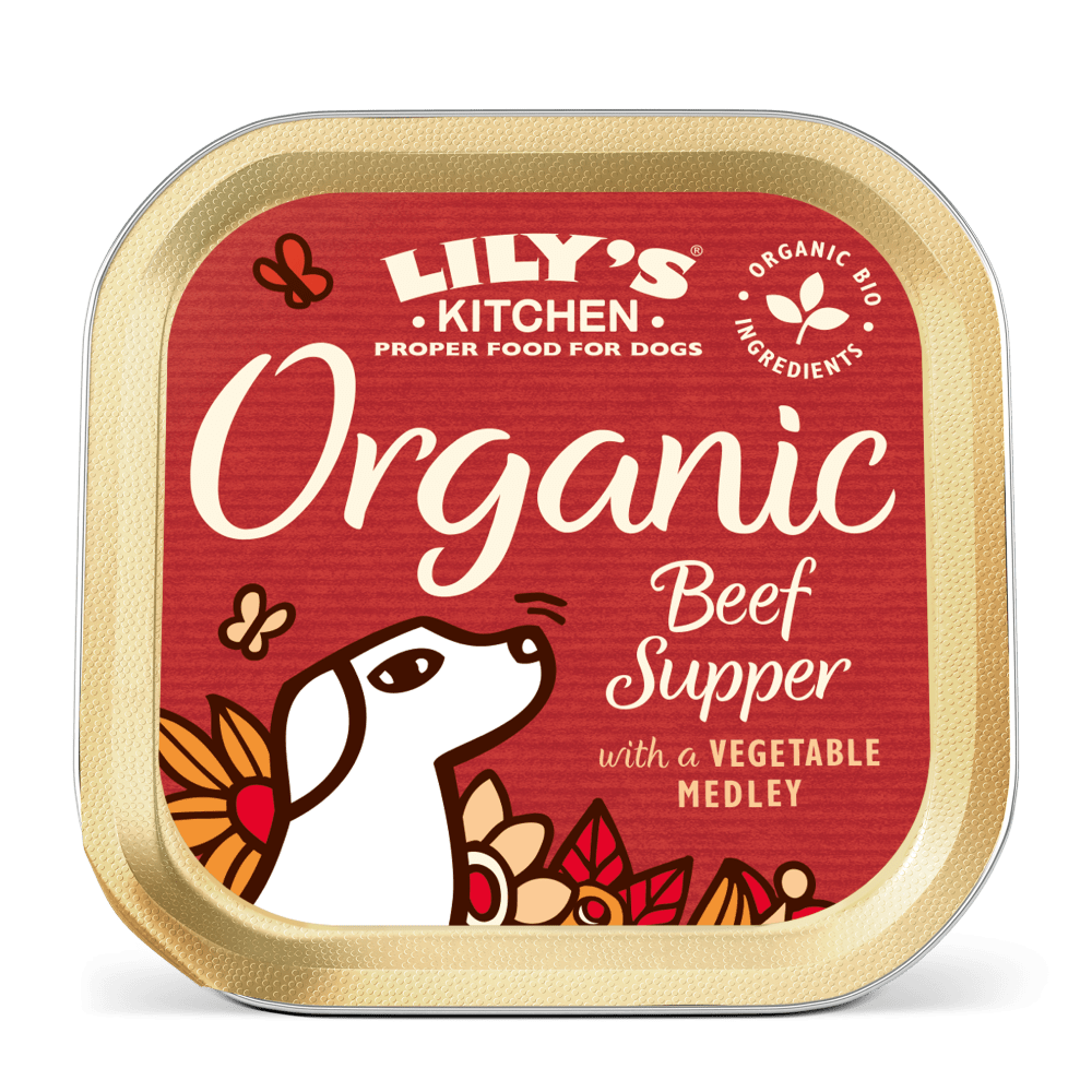 A packaged product labeled 'Lily's Kitchen Organic Beef Supper with a Vegetable Medley' for dogs.