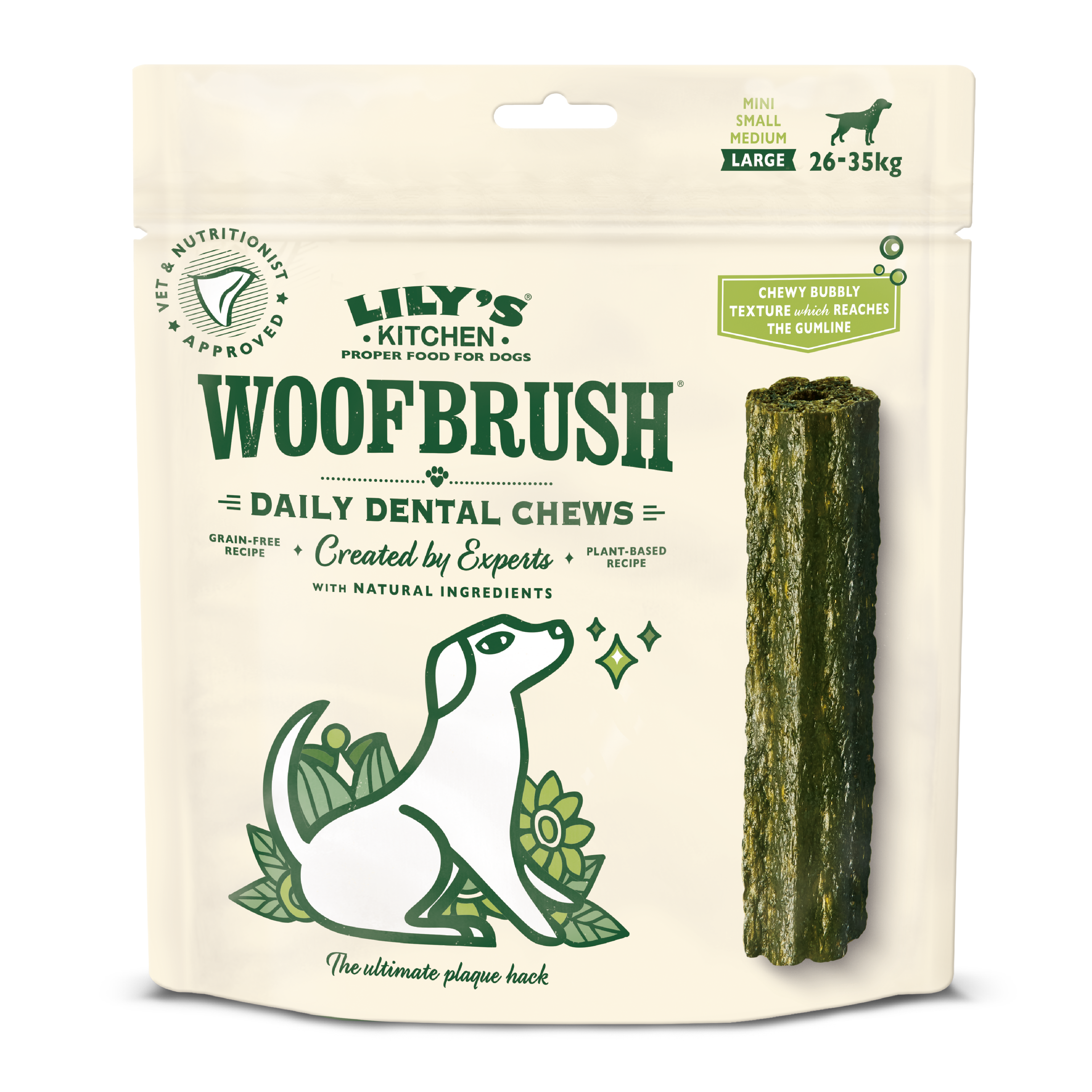 Package of Lily's Kitchen Woof Brush Daily Dental Chews for dogs on a white background