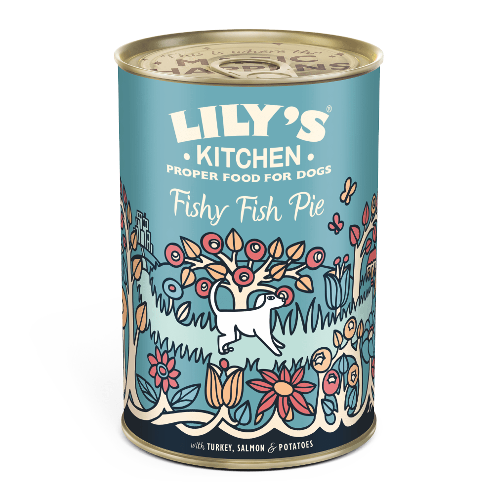 A can of Lily's Kitchen dog food with a fishy fish pie flavor, featuring an illustrated design on the label.