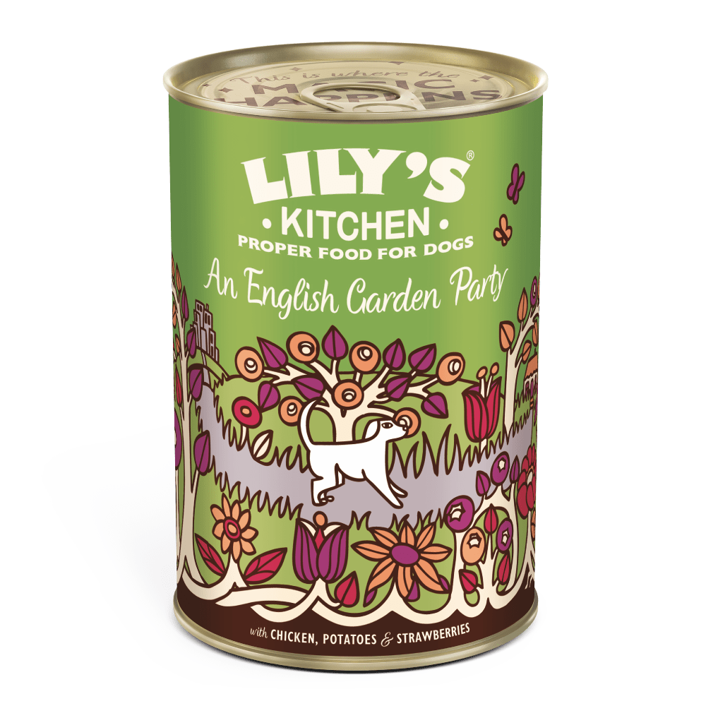 A can of Lily's Kitchen dog food with a label that includes the brand name and the product name 'An English Garden Party'. The background is green with a colourful illustration featuring a dog, flowers, and berries.