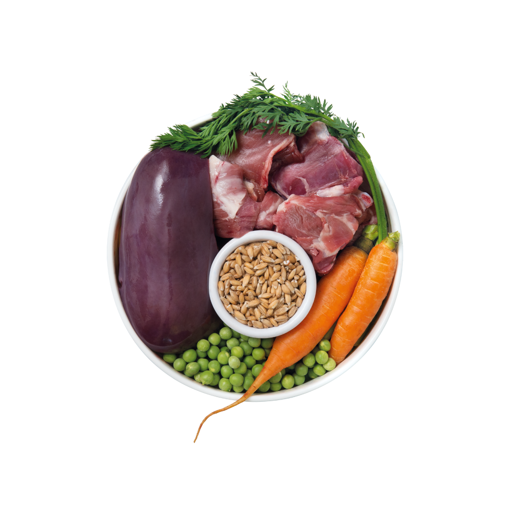 Bowl with raw lamb chunks, eggplant, baby carrots, green peas, and a small bowl of seeds garnished with fresh herbs.