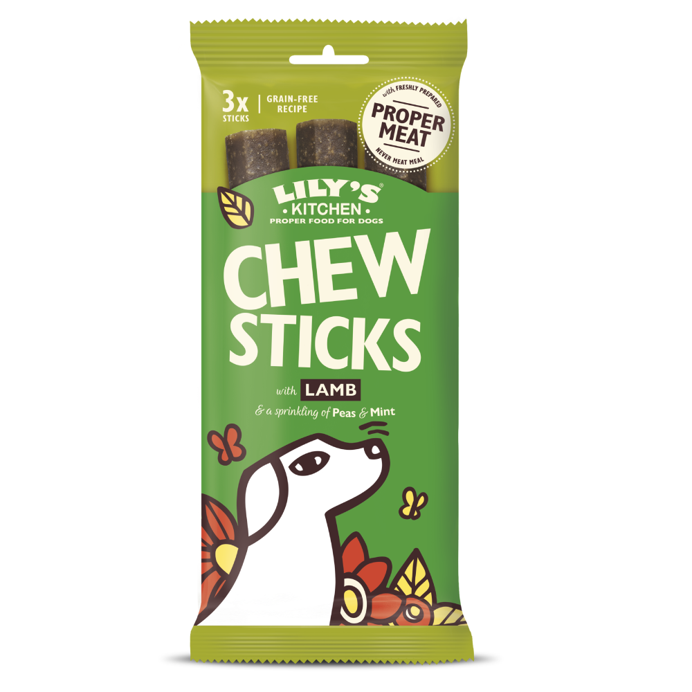 Green package of Lily's Kitchen Chew Sticks for dogs with a cartoon dog on a white background
