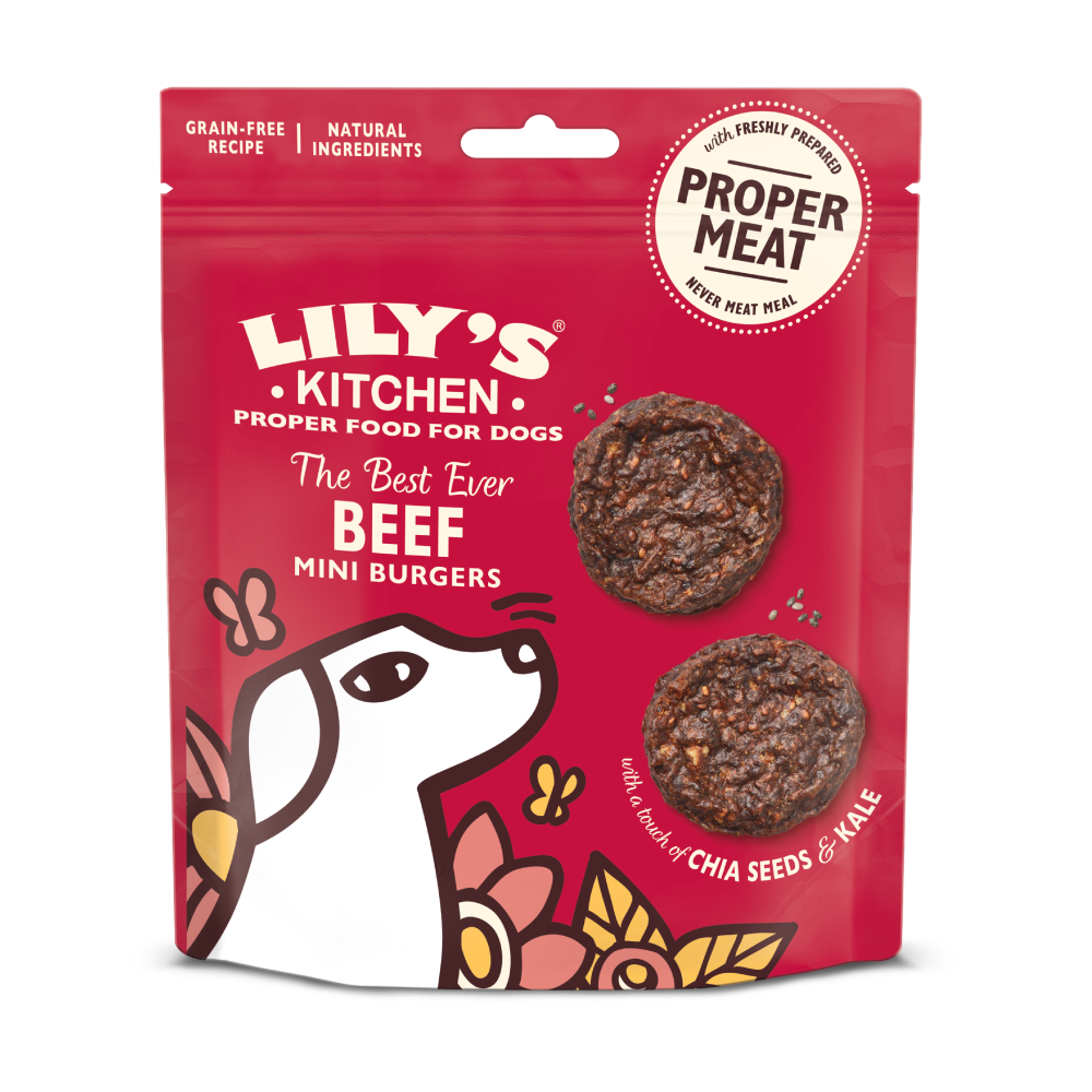 Red resealable pouch of Lily's Kitchen The Best Ever Beef Mini Burgers dog food with cartoon dog and flower graphics.