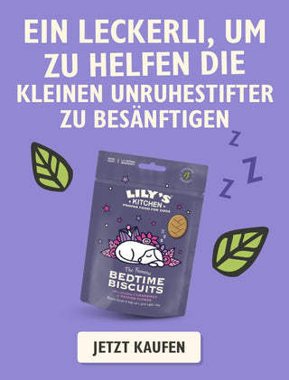 Lily's Kitchen Bedtime Biscuits packaging on a purple background with text and icons.