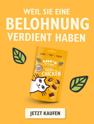 Lily's Kitchen cat treat package on a yellow background with German text