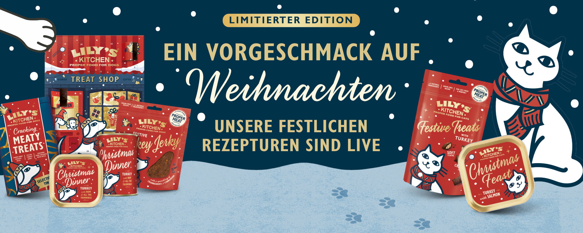 Promotional banner for limited edition Christmas treats with packaging and a cat illustration.
