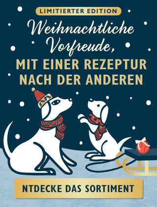 Two dogs in winter attire and German text on a blue background with snowflakes