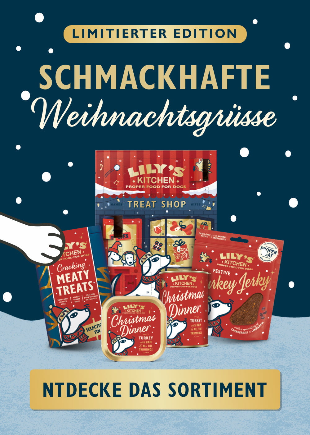 Lily's Kitchen pet food products with a festive design on a blue background