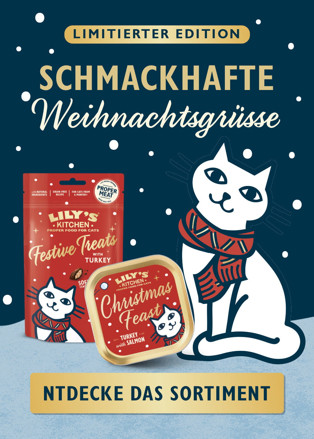 Advertisement for Lily's Kitchen pet food with a cat wearing a scarf on a blue background with snowflakes.
