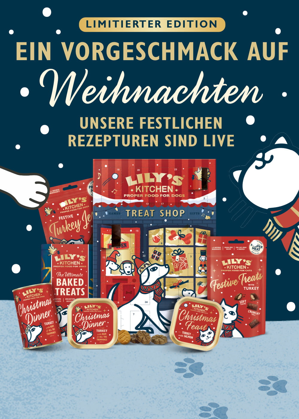 Promotional banner for limited edition Christmas treats with packaging and a cat illustration.