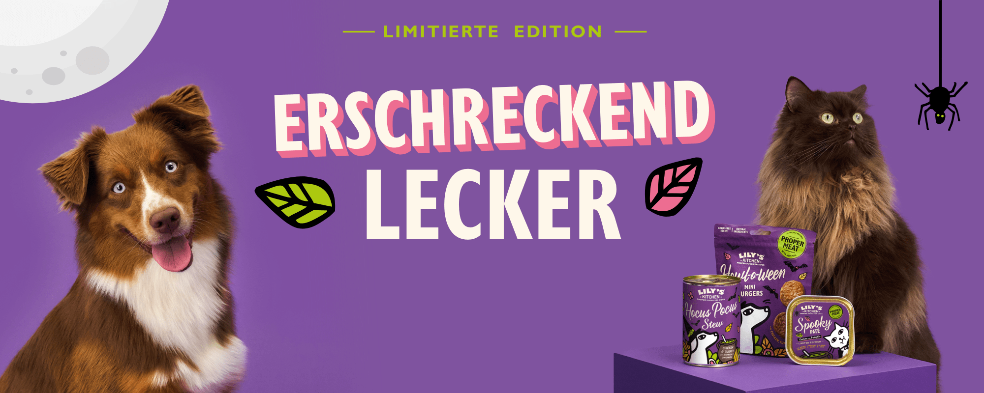 Promotional banner with a dog and cat on a purple background featuring text 'ERSCHRECKEND LECKER' and product packaging.