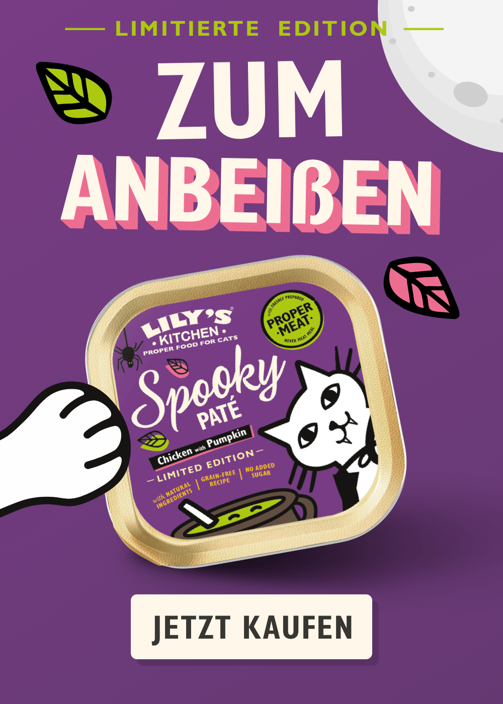 Lily's Kitchen Spooky Pate for cats packaging on a purple background with text 'Zum Anbeiben' and ' Jetzt Kaufen'.