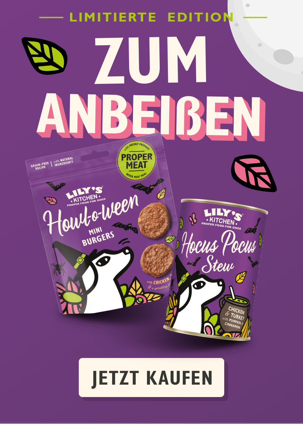 Promotional image of Lily's Kitchen pet food products with a purple background and text.