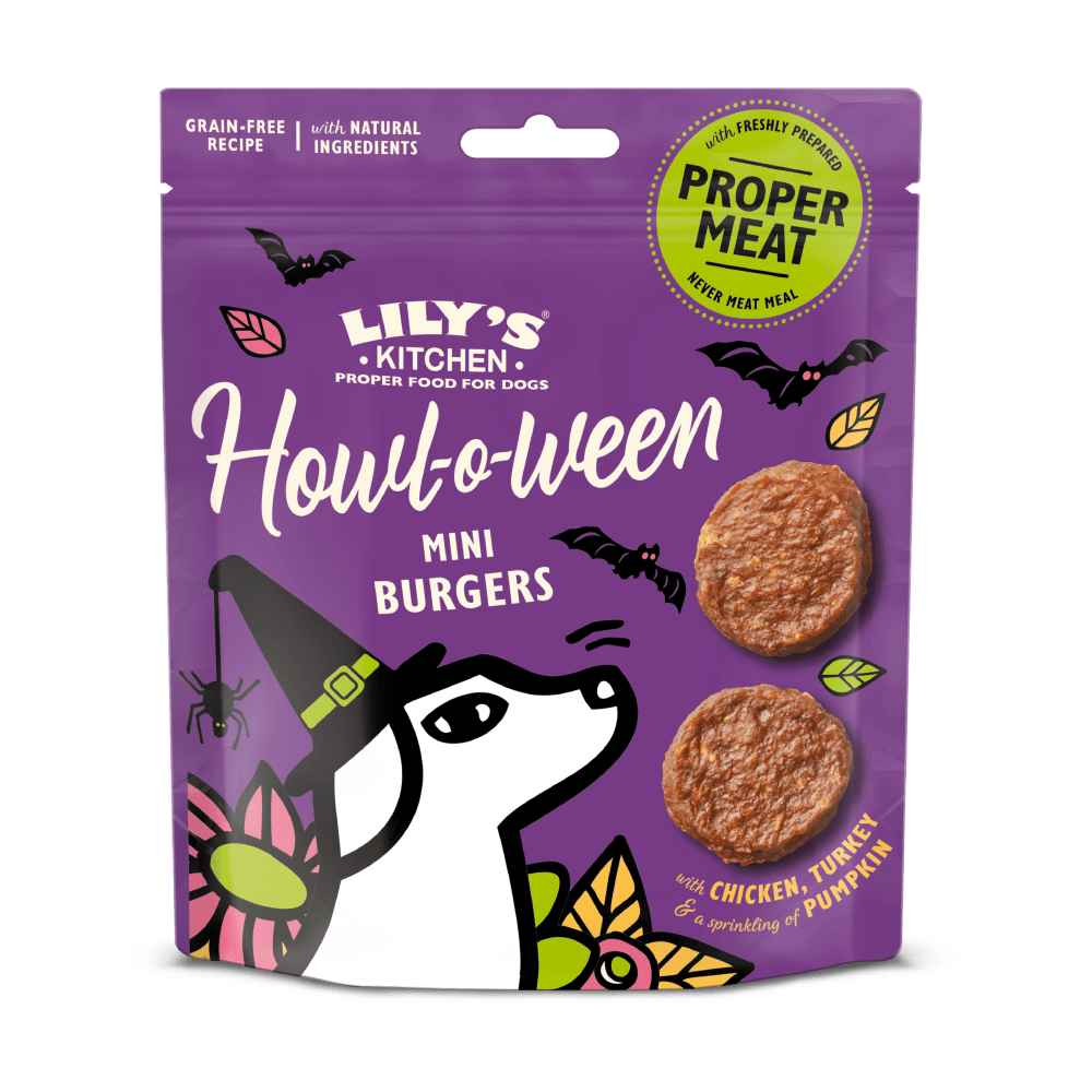 Purple package of Lily's Kitchen Howl-o-ween mini burgers for dogs on a white background