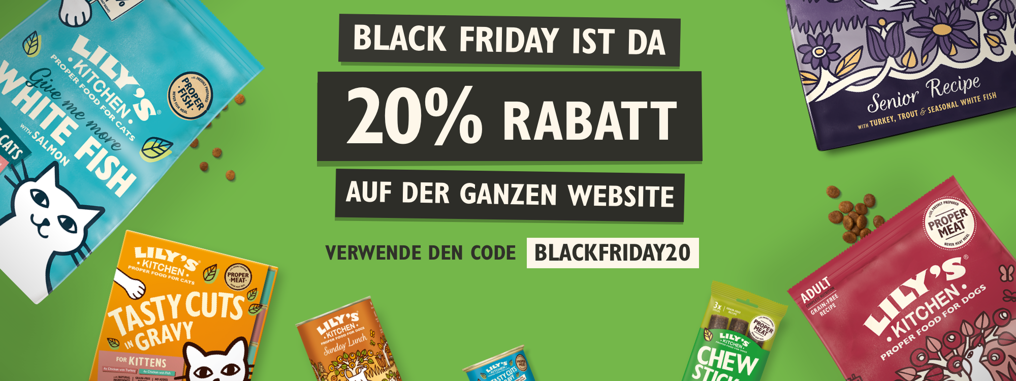 Promotional banner for Black Friday sale with pet food products on a green background