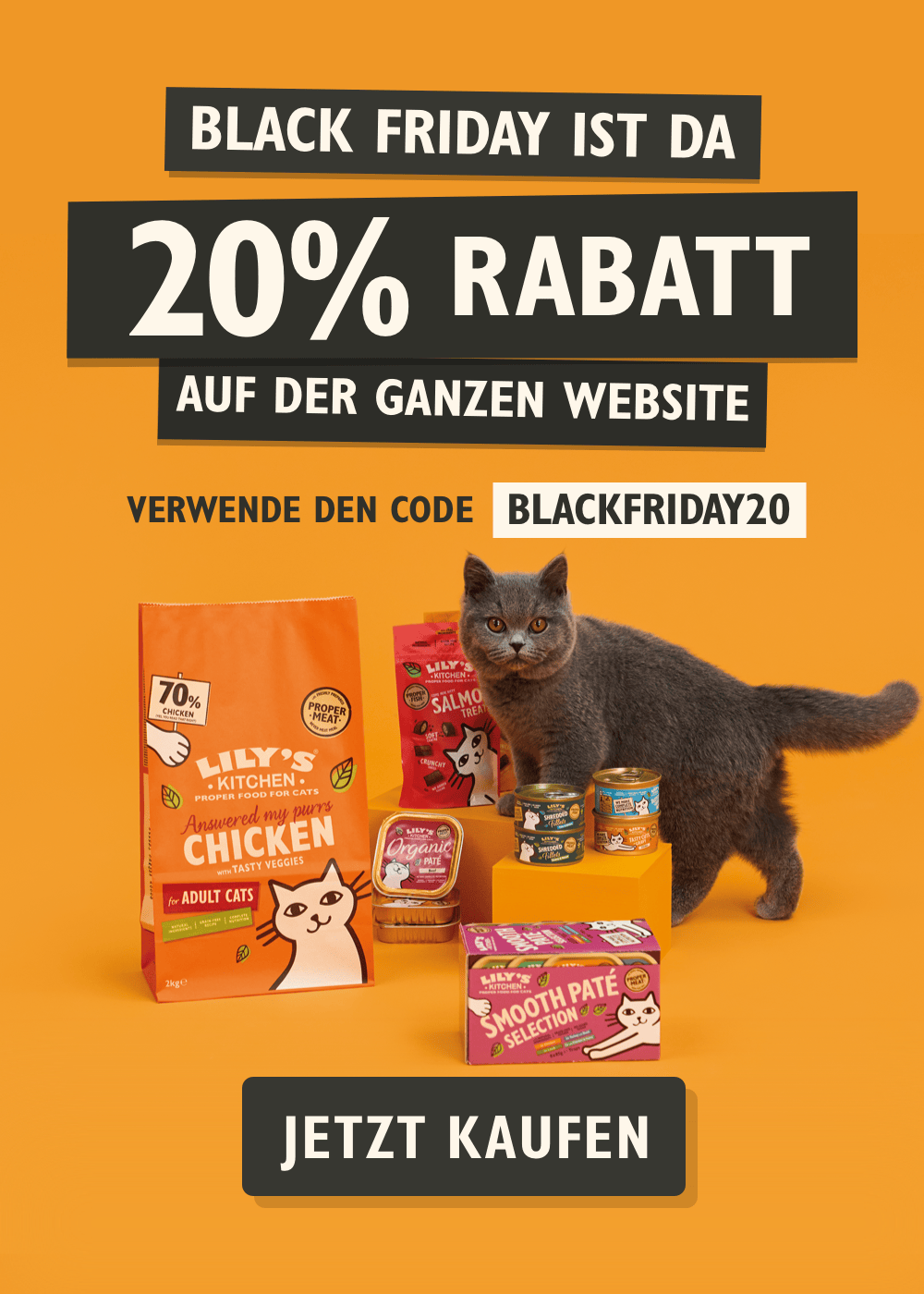 Cat food products with a cat on an orange background and Black Friday promotional text.